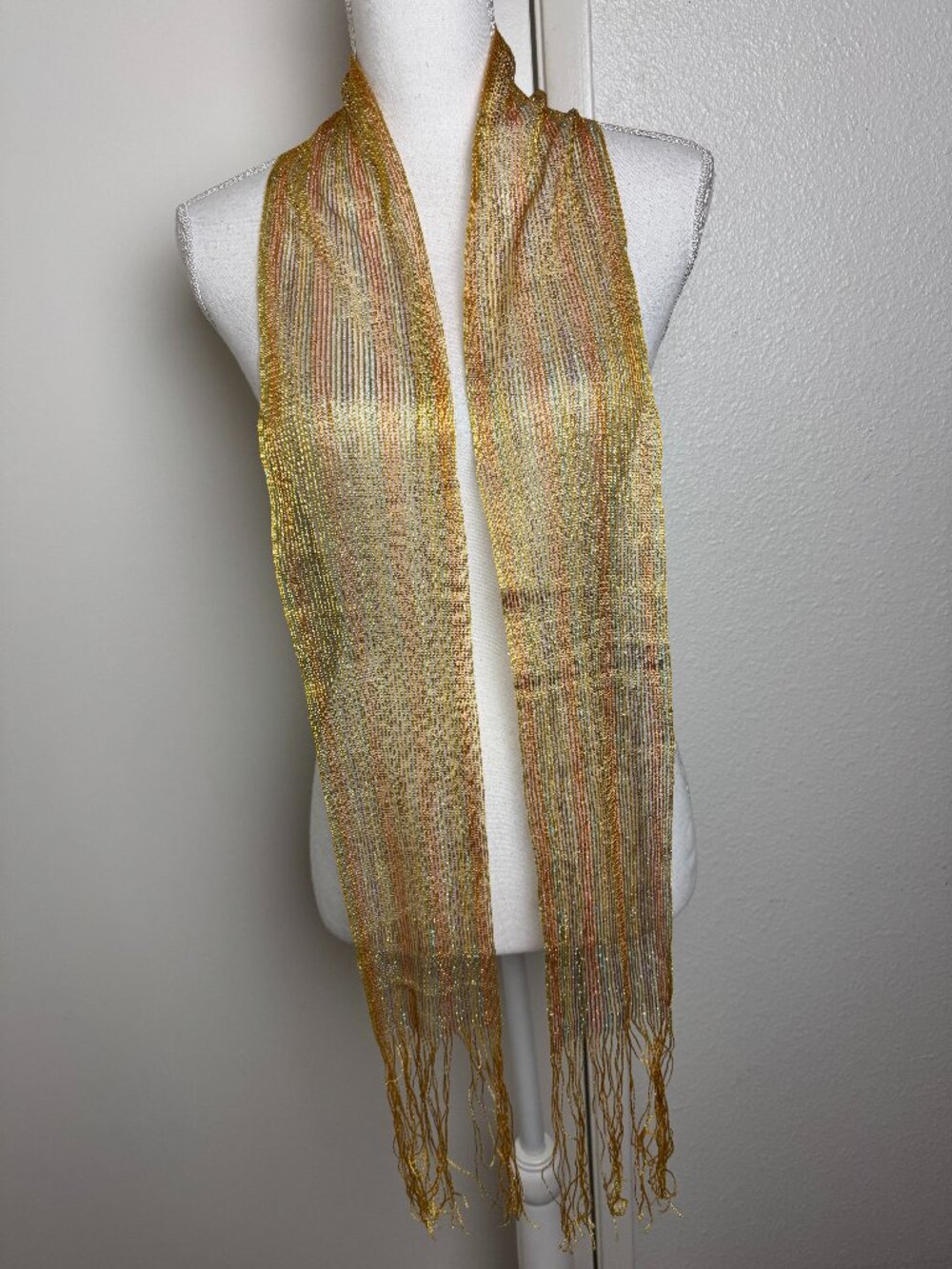 NWOT Party Boho Scarf Fringe Viscose Metallic Orange Yellow Long 75"